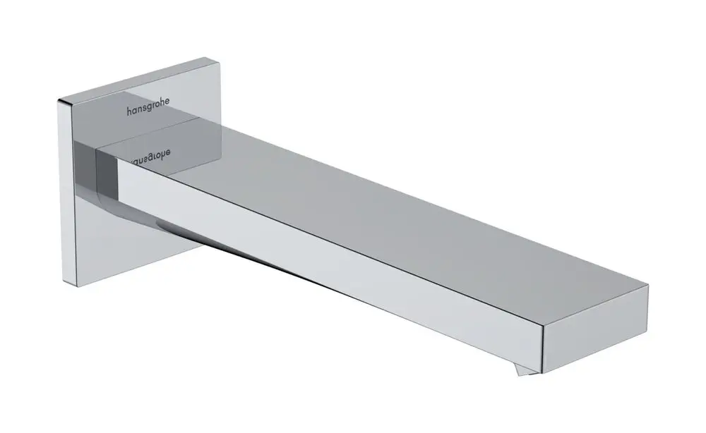 Ein wandmontierter Wasserlauf aus Chrom von Hansgrohe, mit rechteckiger Form und geradem Auslauf, zur Installation über einer Badewanne oder in Duschbereichen.